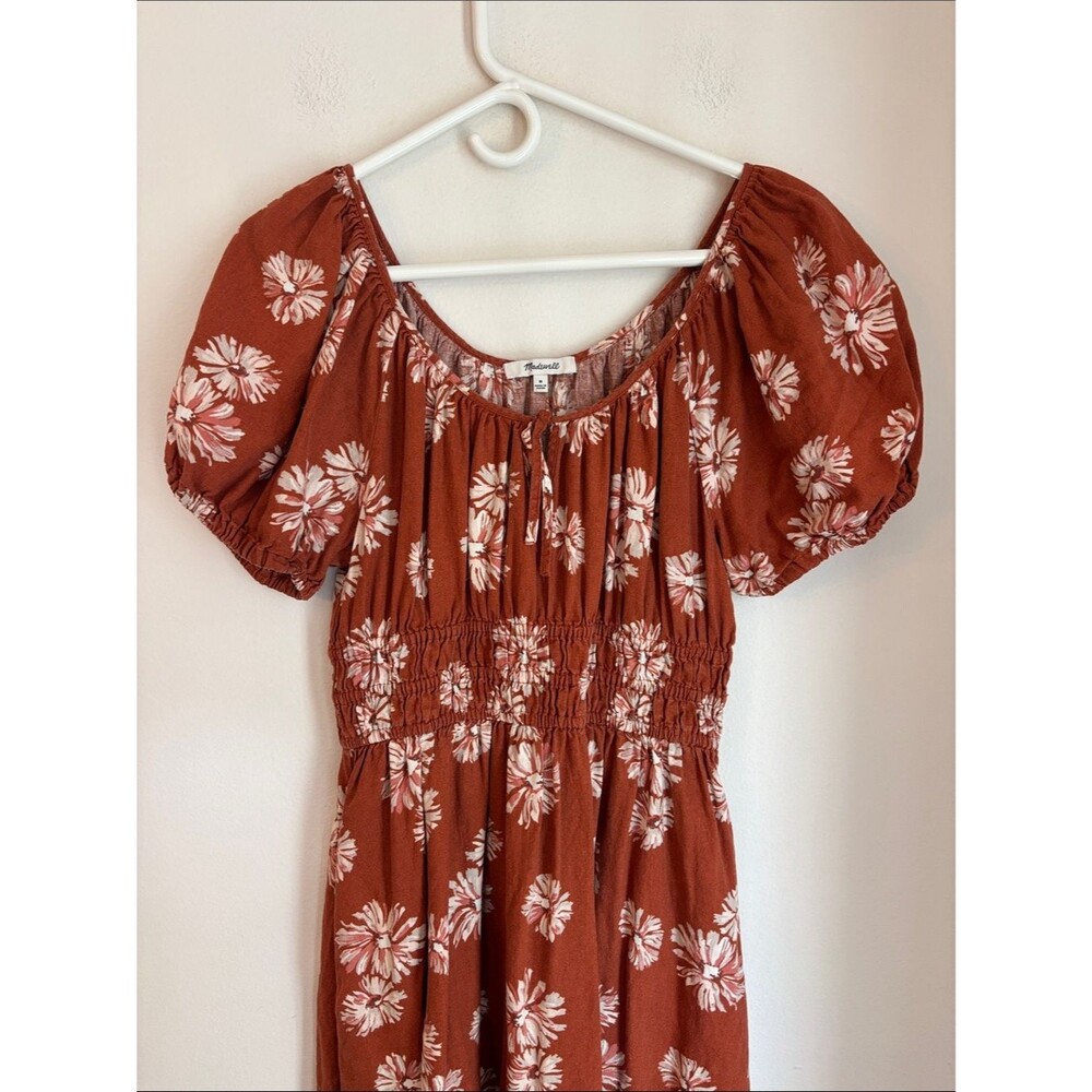 Madewell Linen-Blend Sophia Midi Dress Rust Floral Puff Sleeve Fall pockets Med - Picture 6 of 12
